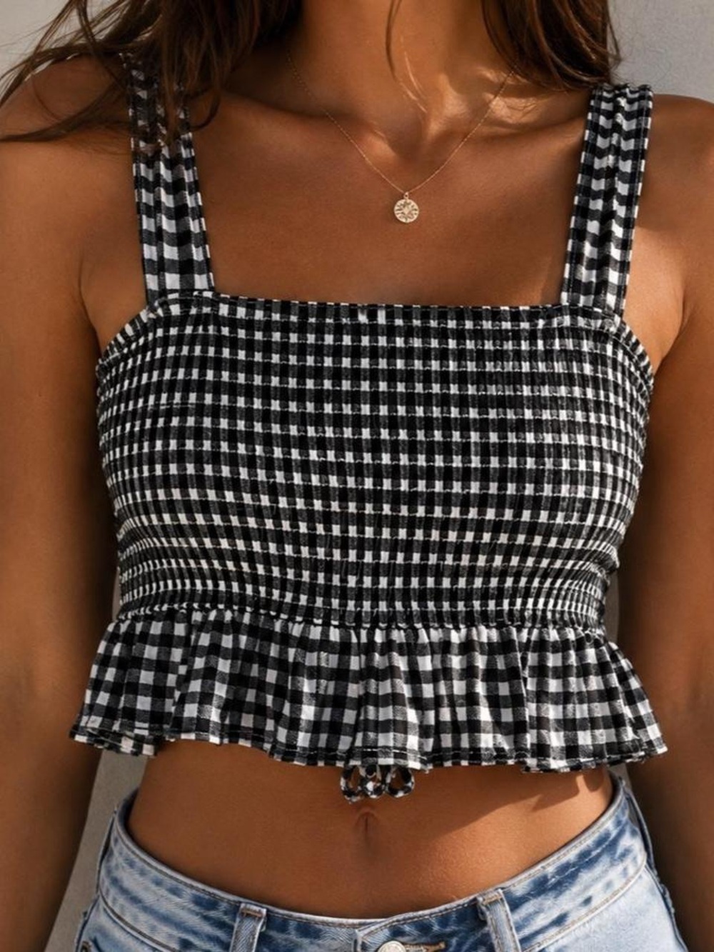 American Eagle Outfitters Black and White Gingham Smocked Crop Top